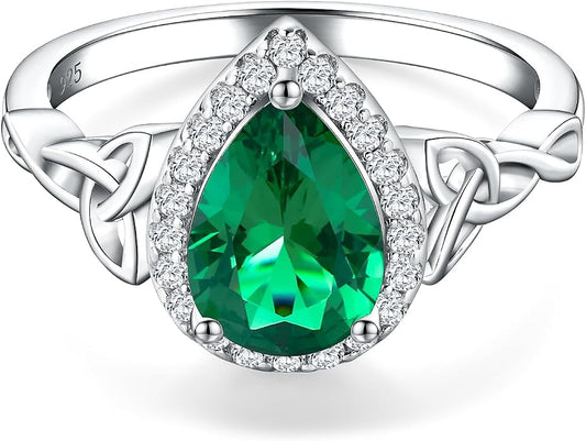 DAYBYDAY Celtic Birthstone Rings for Women 925 Sterling Silver Heart/Round/Pear/Oval Created Gemstone Moissanite Halo Engagement Promise Rings for Her Wife Birthday Anniversary Wedding Jewelry