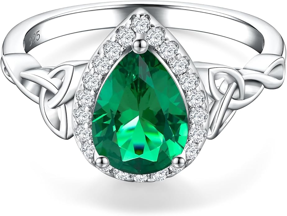 DAYBYDAY Celtic Birthstone Rings for Women 925 Sterling Silver Heart/Round/Pear/Oval Created Gemstone Moissanite Halo Engagement Promise Rings for Her Wife Birthday Anniversary Wedding Jewelry