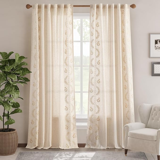 jinchan Floral Linen Curtains 96 Inch Farmhouse Back Tab 2 Panels Beige | Embroidered curtains,boho curtains,living room,bedroom,light filtering,privacy,flower patterned drapes,window treatment