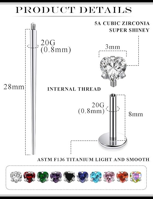 20G 18G 16G Astm F136 Titanium Internal Thread Flat Back Earrings Nose Studs Tragus Helix Conch Cartilage Lobe Earrings Medusa Labret Snake Bite Monroe Lip Ring Piercing Jewelry For Women Men