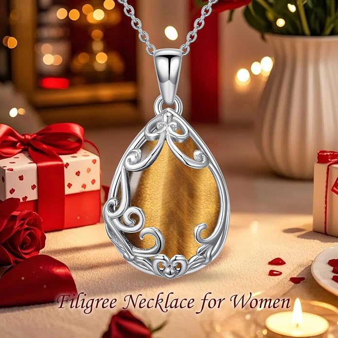 HPQQ Teardrop Necklace 925 Sterling Silver Filigree Gemstone Pendant Necklace Fine Jewelry Birthday Mother's Day Gifts for Women Her Mom