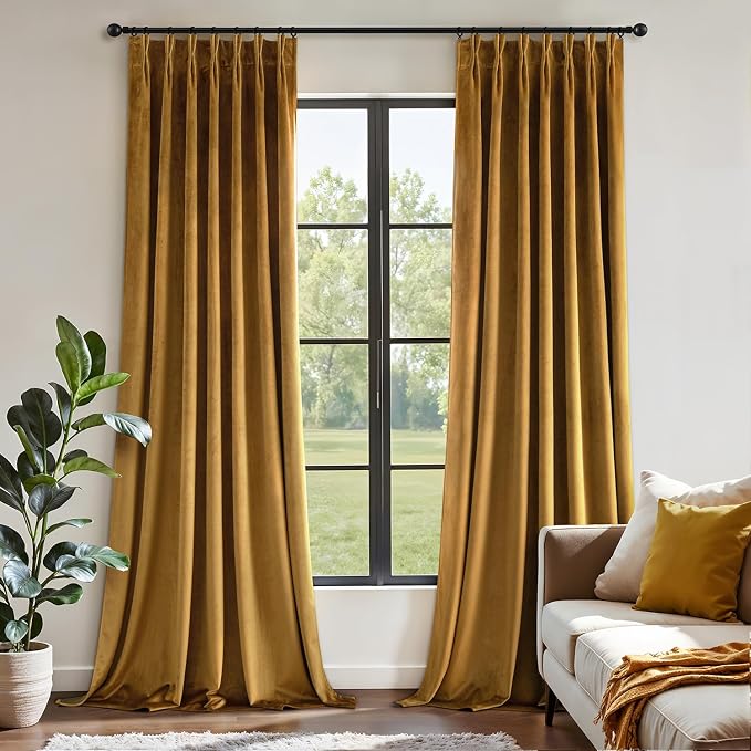 MIULEE Gold Velvet Blackout Curtains 84 inches Long, Pinch Pleated Drapes with Hooks, Thermal Insulated Pleat Design Luxury Panels for Living Room Bedroom, Set of 2