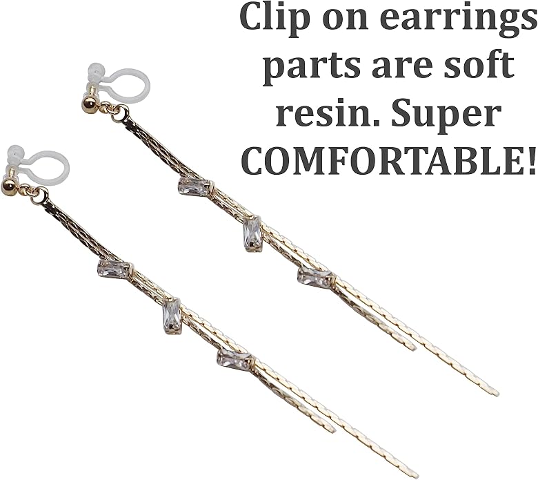 Comfortable Stick Invisible Clip On Earrings Gold Dangle Long Waved Threader Bar Clip-On Non Pierced Earrings Silver For Women,…