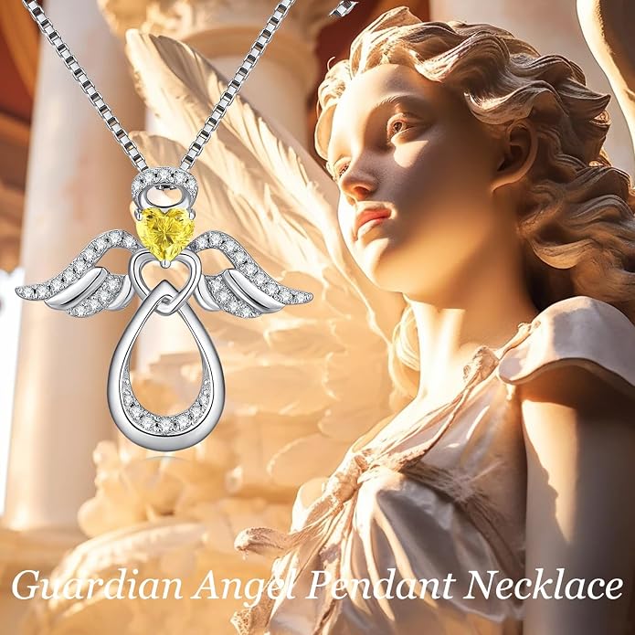 925 Sterling Silver Guardian Angel Pendant Necklace for Women with Birthstone Cubic Zirconia Little Angel Pendant Necklace Jewelry 18 inch Chain