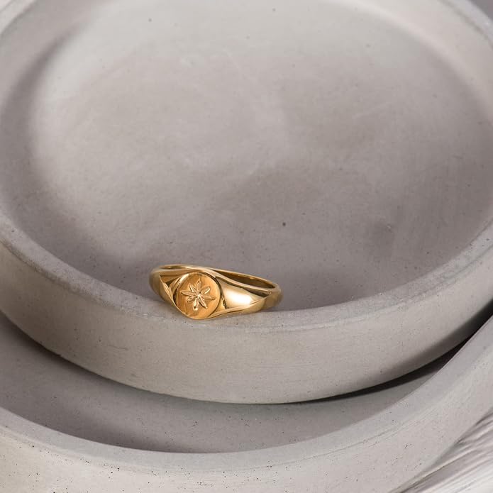 18K Gold Plated Women's Starburst Signet Ring - Minimalist Mother of Pearl Statement Piece