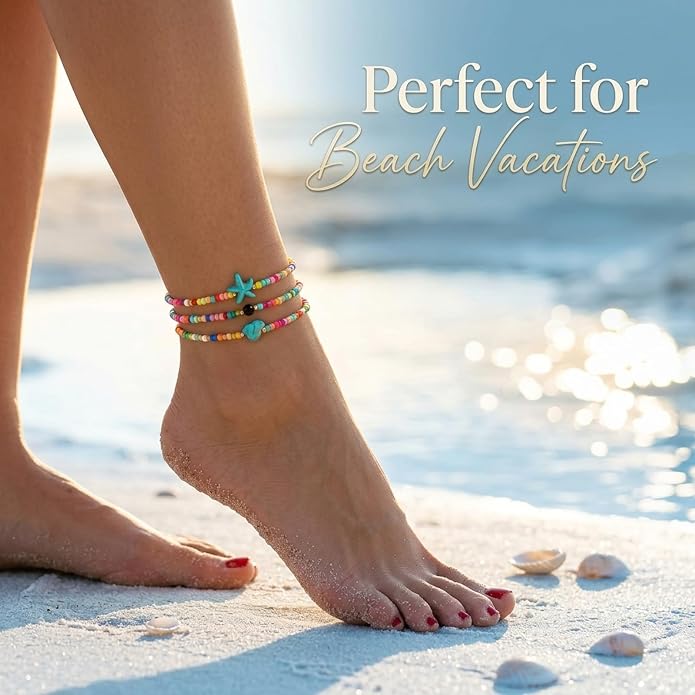 ASIJUNTYECHO Colorful Beaded Anklet Set | 3 Pcs Summer Beach Anklets, Western Turquoise Star & Shell Beaded Anklet Jewelry for Vacation, Boho & Everyday Wear