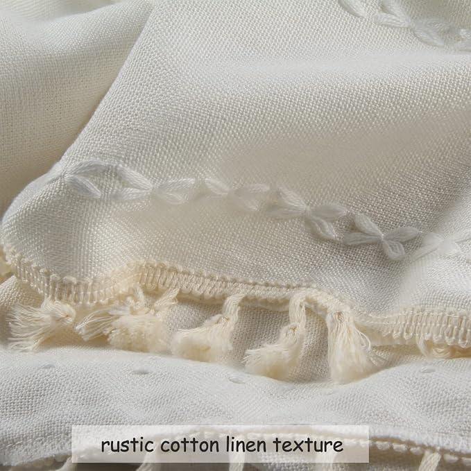 Boho Embroidery Linen Curtains 108 Inches Long for Living Room, 2 Panels Set, Cream Off White Light Filtering Farmhouse Draperies for Bedroom, Rod Pocket, 52" W x 108" L