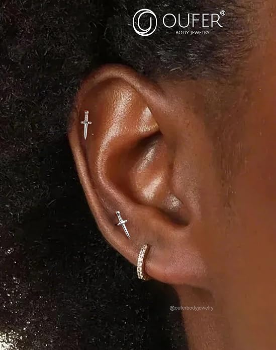 OUFER 925 Sterling Silver Helix Piercing Jewelry, Sword Cartilage Earrings Studs, 16G Flat Back Earrings for Women, Internally Threaded for Helix Conch Tragus Lip Piercing Jewelry