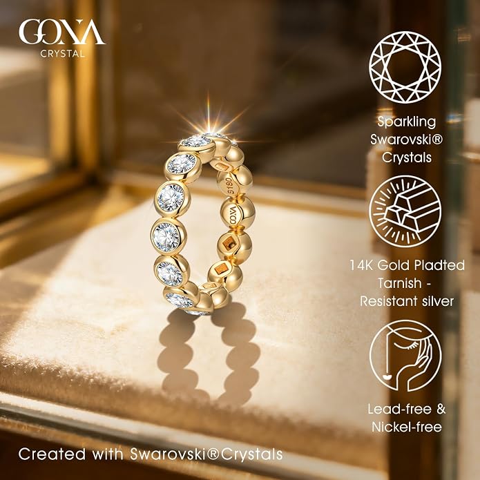 Created with Swarovski® Crystals 14K Gold Plated Stackable Rings, Bezel Set Pinky Ring Wedding Bands Promise Rings Eternity Band Rings for Women Birthday Anniversary Christmas Valentine's Day