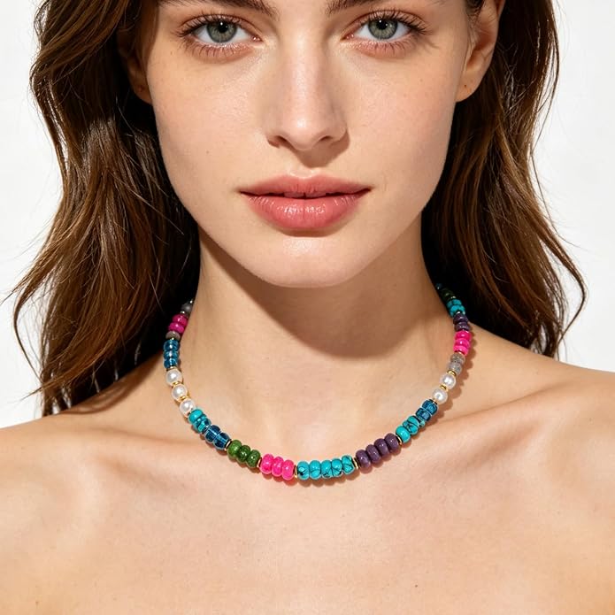 LALAPPLE Colorful Beaded Gemstone Necklace for Women, Boho Rainbow Bead Choker with Natural Stone Crystal Beads, Handmade Summer Beach Necklace Jewelry