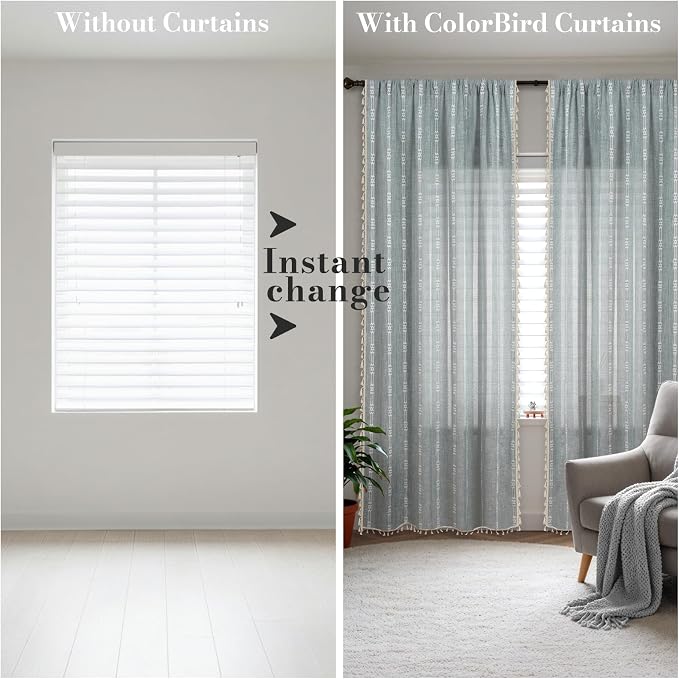 ColorBird Boho Blue Curtains Linen-Textured 84 Inches for Living Room Bedroom Light Filtering Farmhouse Curtains & Drapes Embroidered Striped Window Treatment for Nursery Closet Dining Room