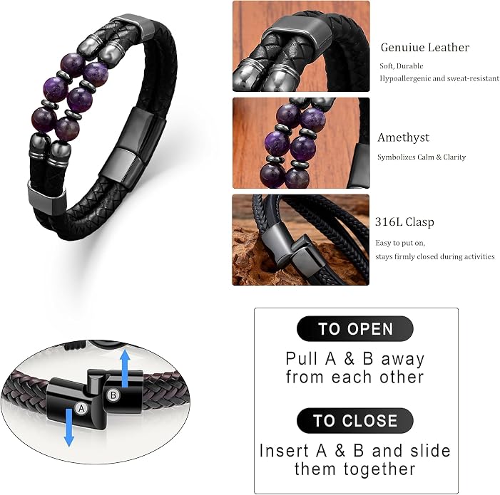 Mens Turquoise/Lapis Lazuli/Tiger Eye/Black Agate/Obsidian Leather Braided Bracelets for Father's Day/Birthdays/Graduation Jewelry Wristband Cuff Bracelet with Stainless Steel Clasp