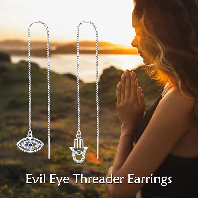 Sterling Silver Threader Earrings Flower Heart Moon Star Tiny Cube Rhombus Sector Beads Dream Catcher Evil Eye Butterfly Leaf Lightning Bolt Tassel Dangle Drop Chain Charm Earrings Jewelry Gifts for Women
