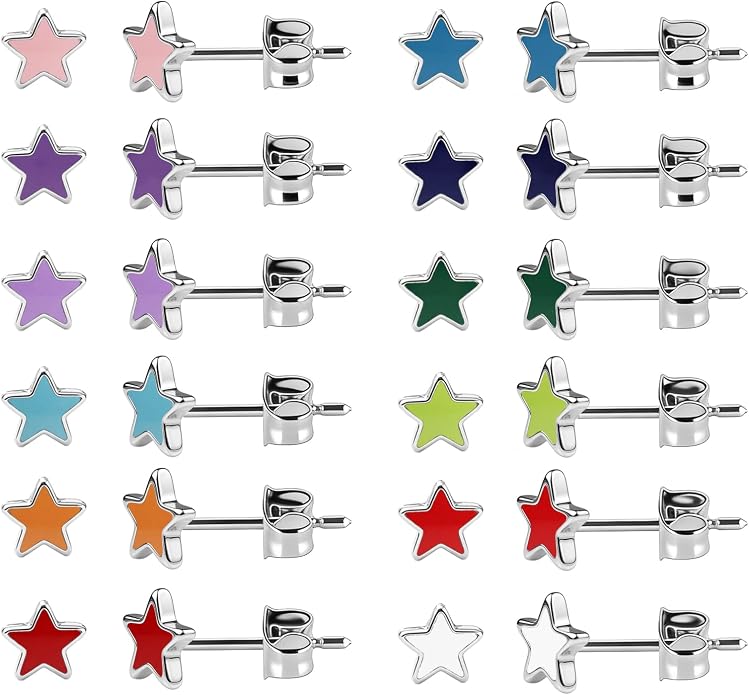 JMLOON 12 Pairs Enamel Flat Back Stud Earrings Surgical Stainless Steel Round Heart Star Square Hexagon Screw Back Stud Earrings