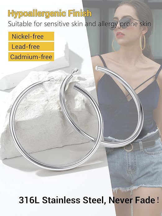 Stainless Steel Chunky Hoop Earrings For Women, Minimalist and Chic, Black/Gold Plated, Round Hoops Earrings Hypoallergenic, Size: 30mm/40mm/60mm/80mm, Come with Box