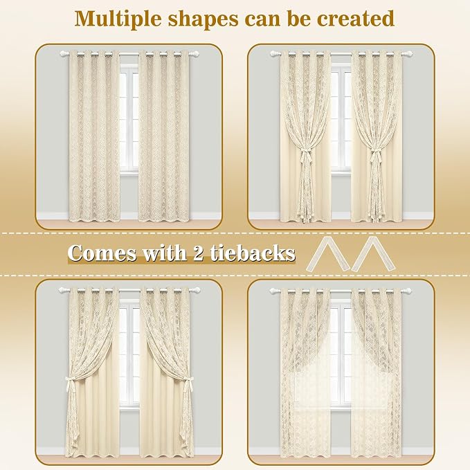 Yinhua Beige Blackout Curtains Double Layer Curtains for Bedroom 84 Inch Length Nursery Curtain for Living Room, Grommet Drapes with Tiebacks, 2 Panels, 52" W x 84" L