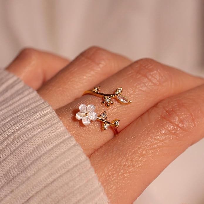 Birthstone Flower Rings For Women Non Tarnish Gemstone Cubic Zirconia Mother of Pearl Adjustable Size 7-11 Silver Rose 14K Gold Plated Birth Jewelry Gift For Birthday