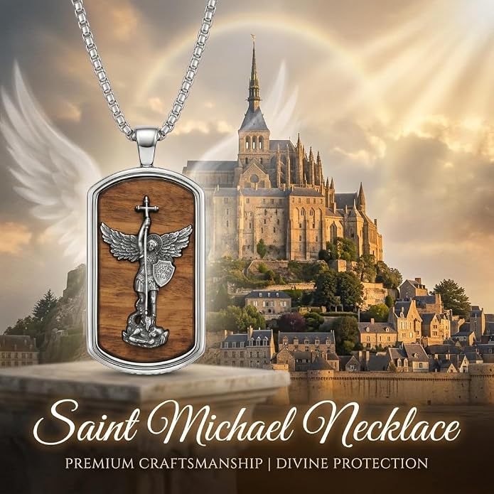 ONEFINITY Wooden Necklace Viking Wolf/St Benedict Medals/St Michael/Crucifix/St Christopher Pendant Necklace for Men Archangel Amulet Wooden Religious Jewelry Gifts for Men Women