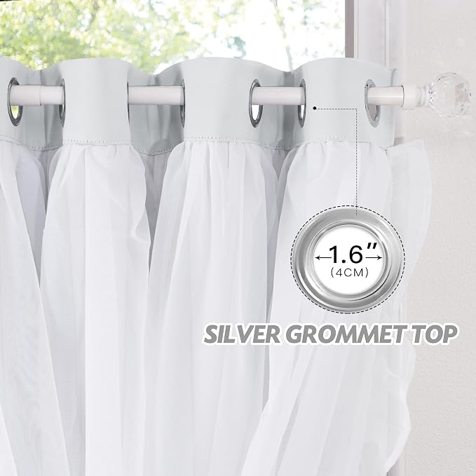PONY DANCE Shabby Chic Curtains for Bedroom Double Layer Ruffle Sheer Overlay with Tiebacks French Country Drapes for Room Decor, 52" W x 63" L, Greyish White, 2 Pieces