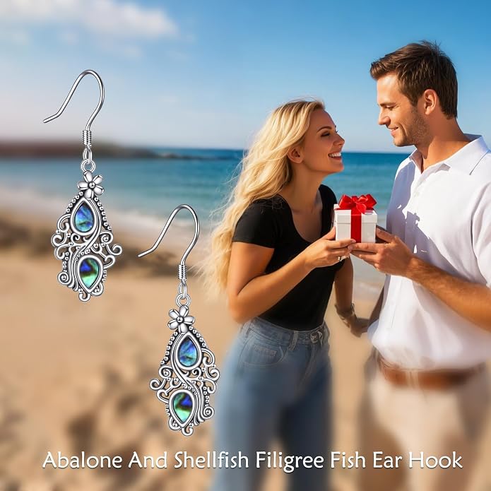 Abalone Shell Dangle Drop Earrings for Women 925 Sterling Silver Filigree Bohemian Earrings Jewelry Gift