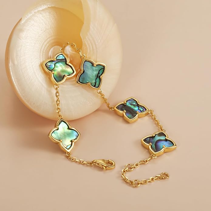 18K Gold Plated Abalone Shell Clover Bracelet, 8.6 Inch Chain with 2 Inch Extender, Adjustable Dainty Link Charm Bracelet