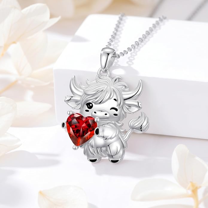 PELOVNY Teddy Bear Necklace for Women 925 Sterling Silver Bear/Highland Cow/Fox/Cat/Axolotl Birthstone Necklace Christmas Birthday Jewelry Gifts for Mom Daughter Wife Sister