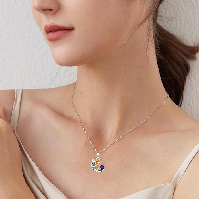 AOBOCO 925 Sterling Silver Sun and Moon Star Pendant Necklace with Simulated Birthstone, Birthday Christmas Jewelry Gift for Women Teen Girls