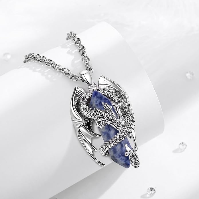 INFUSEU Unique Dragon Necklaces with Healing Crystal Stone for Men Women, Personalized Spiritual Gifts, 24 Inch Chain