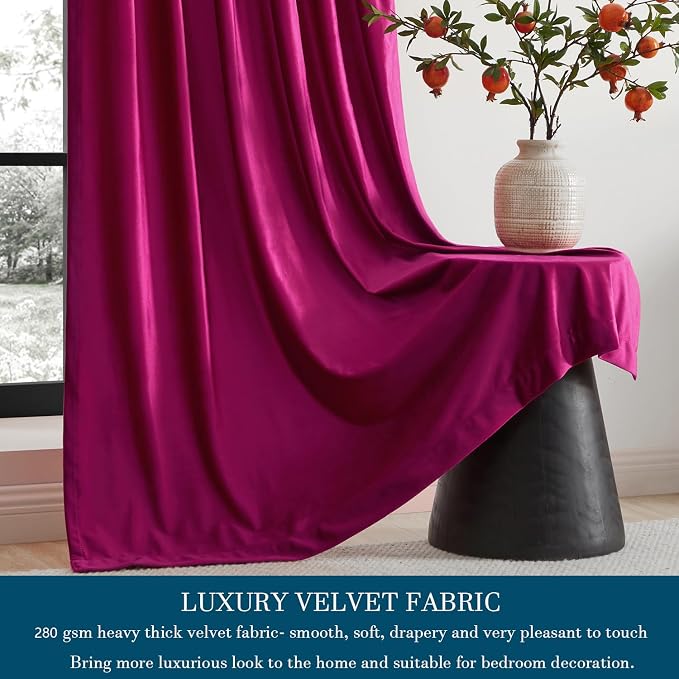 PRIMROSE Hot Pink Velvet Curtains 72 inch Long for Living Room,Set of 2 Panels Blackout Rod Pocket Back Tab Window Treatment Room Darkening Heavy Decorative Curtains Drapes for Bedroom