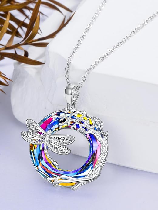 Dragonfly Necklace 925 Sterling Silver Dragonfly/Sunflower Bee Pendant Necklace Dragonfly with Blue Circle Crystal Dragonfly Jewelry Gifts as Holiday Christmas Gifts for Women