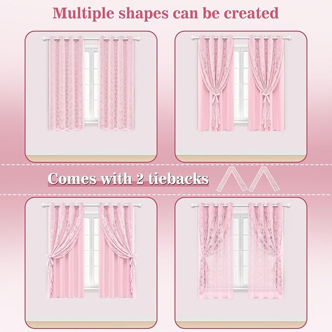 Yinhua Pink Blackout Curtains Double Layer Curtains for Bedroom 63 Inch Length Nursery Curtain for Living Room, Grommet Drapes with Tiebacks, 2 Panels, 52" W x 63" L