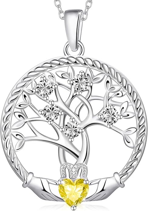 Birthstone Tree of Life Necklace for Women, 925 Sterling Silver Family Tree Pendant, Dainty Jewelry Birthday Mother's Day Valentine's Day Gifts for Her Mom Wife, 18"+2" Adjustable