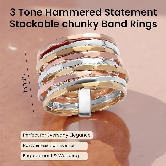 PHNX Two-Tone Stacking Ring for Women | Real Sterling Silver Ring| Hammered Finish Design | Elegant Boho Chic Jewelry | Perfect for Daily Wear, Special Occasions