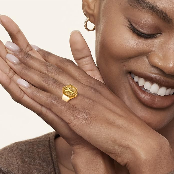 KeyStyle Bold Initial Letter Rings Adjustable, GoldChic Jewelry Women Gold Statement Ring Personalized Engraved Women’s Open Signet Ring for Party (Gold, White Gold, Black)