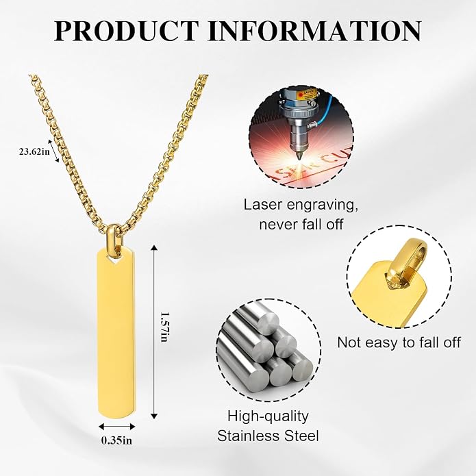 Fathers Day Personalized Vertical Bar Pendant Necklace - Custom Name Text Necklace Customized Stainless Steel Memorial Necklace Dad Gifts for Men