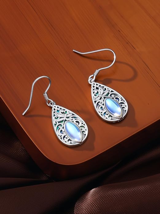 Dorunmo Moonstone Dangle Drop Earrings s925 Sterling Silver Leverback Earrings Filigree Moonstone Jewelry Birthday Gifts for Women