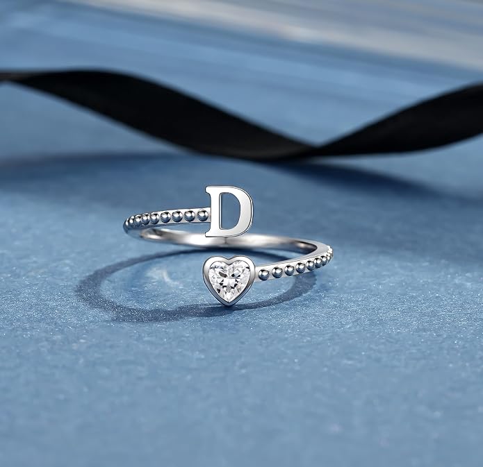 Step Forward 925 Sterling Silver Adjustable Initial Ring for Women | Non Tarnish Letter Rings for Lady | Alphabet Heart Thumb Rings | Capital Letter Jewelry Gifts