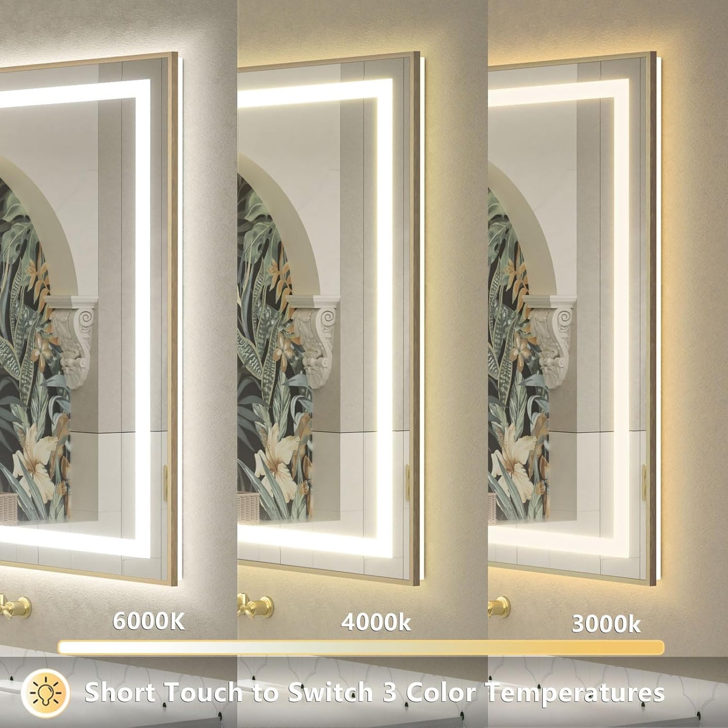 OKPAL 40x30 Gold LED Bathroom Mirror with Lights, Frontlit & Backlit Metal Framed Mirror, Lighted Bathroom Vanity Mirror, Anti-Fog, Dimmable 3 Colors, Shatterproof, Horizontal/Vertical