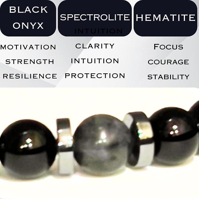 Mens Beaded Bracelet - Stone Jewelry, Black Onyx Hematite Bracelets, Mens Accessories, Adjustable