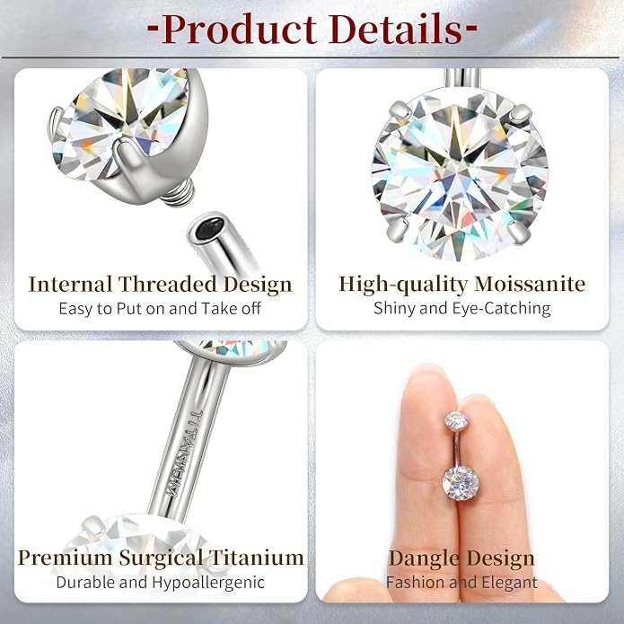 limerencia Moissanite Belly Button Ring, G23 Titanium Hypoallergenic Internally Threaded Navel Jewelry, Curved Dangle Belly Ring Piercing Jewelry for Women, Men