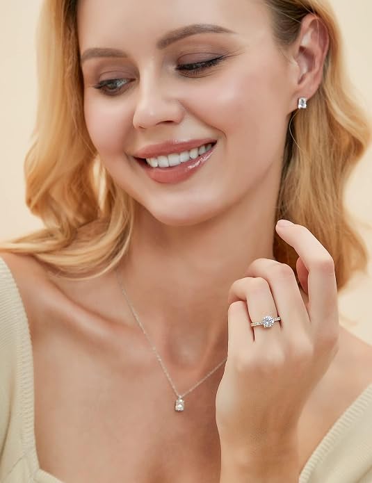 EAMTI 925 Sterling Silver 1.2 CT Round Solitaire Cubic Zirconia Engagement Ring Halo Promise Ring Size 3-13