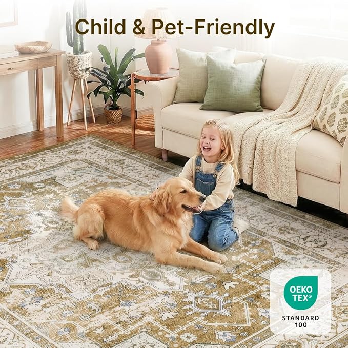 6x9 Area Rug for Living Room-Vintage Farmhouse Boho Floral Neutral Washable Stain Resistant Indoor Carpet for Bedroom Office and Home Decor(Beige&Brown)
