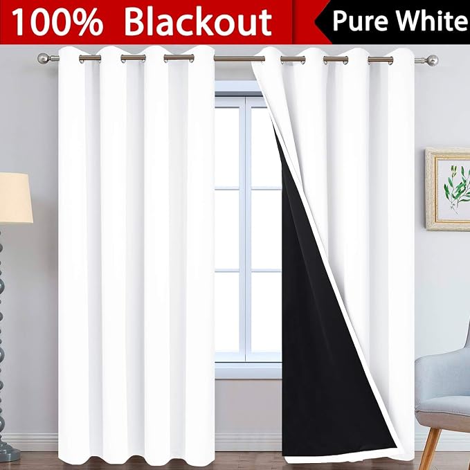 Yakamok Pure White 100% Blackout Curtains 84 Inches Long 52" Wide 2 Panel | Blackout Curtain Panels for Bedroom, 2 Thick Layers Grommet Top Thermal Insulated Drapes with Black Liner for Living Room