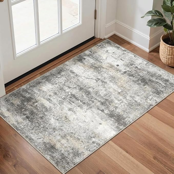 GENIMO 2x3 Rugs for Entryway, Washable Bathroom Kitchen Rugs Non Slip, Modern Abstract Soft Small Area Rug Indoor, Low Pile Throw Carpet, Grey Beige