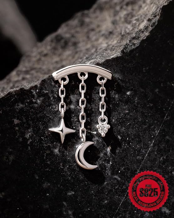 Sterling Silver 925 Flat Back Earring for Women Hidden Helix Piercing Jewelry 16G Star Moon Dangle Cartilage Internally Threaded Tragus Conch Stud Screw Cubic Zirconia Ear Ring