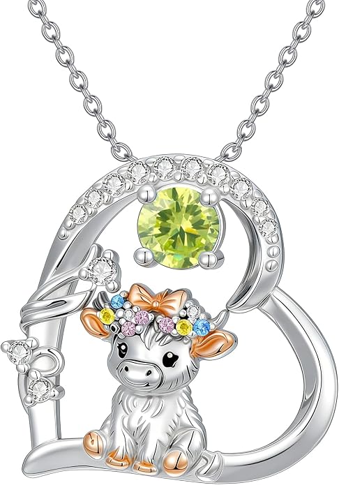 Highland Cow Gifts for Women 925 Sterling Silver Highland Cow Birthstone Necklace Fluffy Cow Jewelry Gifts Birthday Christmas