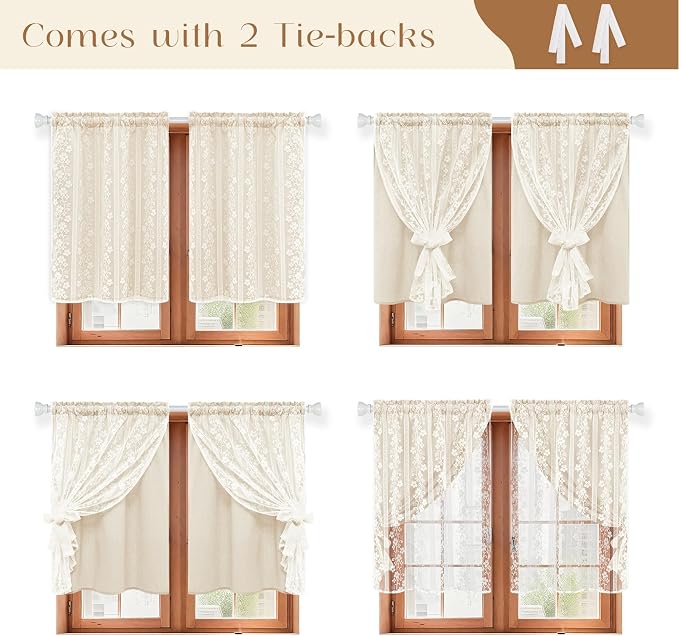 ASPMIZ Linen Kitchen Curtains 36 Inch Length, Double Layered Window Curtain 2 Panel Sets Rod Pocket Short Curtains for Kitchen, Farmhouse Window Treatment Tiers for Bathroom, Cafe, Beige