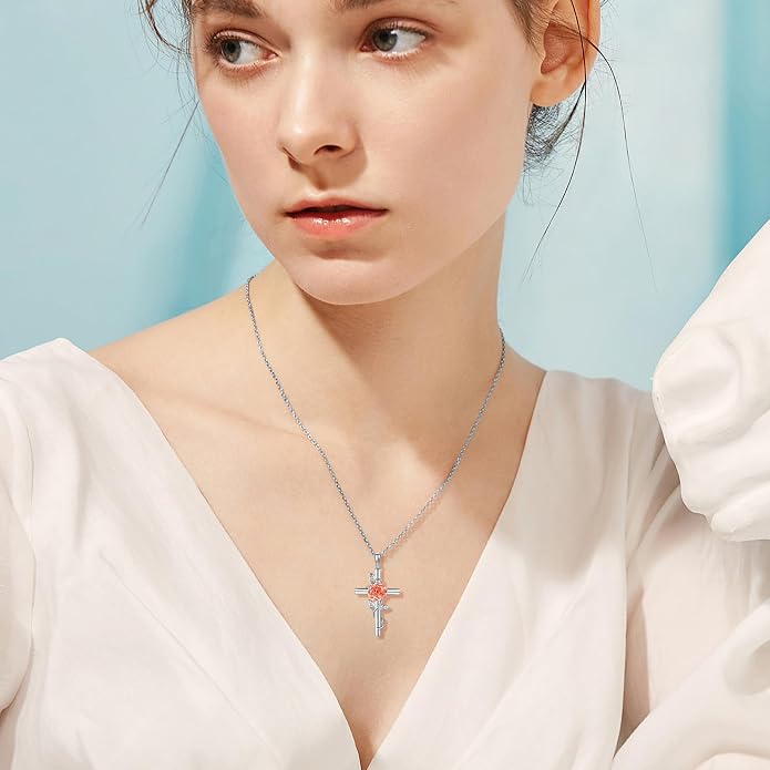 Flower Cross Necklace 925 Sterling Silver Carnation/Rose/Lily/Daisy Cross Necklace Birth Flower Jewelry for Women