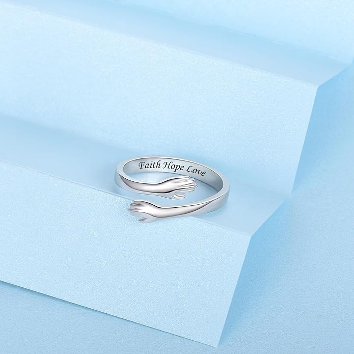 S925 Sterling Silver Hug Rings for Women Teen Girls Adjustable Ring for Granddaughter Daughter Hope Promise Friendship Hand Ring Jewelry for Birthday Graduation Christmas Mothers Day Valentines Gifts