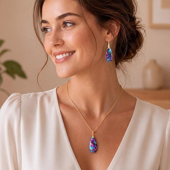 Kingdder Natural Stone Jewelry Set for Women Imperial Healing Stone Necklace Colorful Teardrop Dangle Earings Boho Jewelry